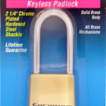 Sesamee Brass Padlock, All Brass Body-Internals, 4-Dial Resettable, 2-1/4in Chrome Shackle - Carded
