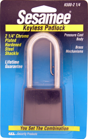 Sesamee Black Padlock, Die-Cast Case, Brass Internal Black Epoxy, 4-Dial Resettable, 2-1/4in Chrome Shackle - Carded