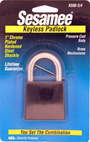 001427_L.png Sesamee Black Padlock, Die-Cast Case, Brass Internal Black Epoxy, 4-Dial Resettable, 3/4in Chrome Shackle - Carded