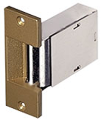 Electric Strike, 8-16VAC, Fail Secure, 3-1/2in x 1-3/8in Faceplate, up to 3/4in Throw, Wood Jambs and Iron Gate, Brass Powder Coat