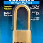 Marine Sesamee Brass Padlock, All Brass Body-Internals, 4-Dial Resettable, 2-1/4in Brass Shackle - Carded