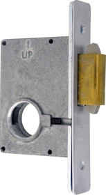 009268_L.png Heavy Duty Deadlock for Sliding Doors, Bolt Expands up and Down into the Strike, 1-3/4in Backset, Faceplate 1 x 5-3/4in, Includes Strike, Requires Mortise Cylinder with Standard Cam, 626/US26D Satin Chrome