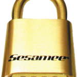 Marine Sesamee Brass Padlock, All Brass Body-Internals, 4-Dial Resettable, 1in Brass Shackle - Carded