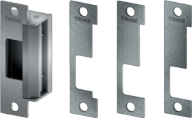 010245_L.png Electric Strike, Fire Rated, 12-24VAC/DC, Cylindrical and Mortise, Includes 4 Faceplates 4-7/8in x 1-1/4in, Satin Stainless