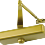 Medium Duty Surface Door Closer, Regular Arm with Parallel Arm Bracket, Slim Line Plastic Cover, Cast Aluminum, Adjustable Sizes 1-5, Through Bolt, Wood and Machine Screws, ADA, UL, Grade 1, 696/BR Painted Brass