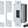 010730_L.png Universal Electric Strike for Cylindrical and Mortise Locks (No Deadbolt), 12/24 AC/DC, FS Fail Safe/FSE Fail Secure, Latchbolt Position Monitor, Includes 3 Faceplates 4-7/8in x 1-1/4in, 630/US32D Stainless Steel