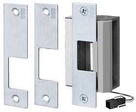Universal Electric Strike for Cylindrical and Mortise Locks (No Deadbolt), 12/24 AC/DC, FS Fail Safe/FSE Fail Secure, Latchbolt Position Monitor, Includes 3 Faceplates 4-7/8in x 1-1/4in, 630/US32D Stainless Steel