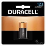 Duracell Pro 3 Volt 123 Lithium Battery. Diameter .64in, Height 1.35in.