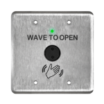 Battery Powered Magic Switch Touchless Plates, Wave to Open, Double Gang Stainless Steel Faceplate, Text and Hand Logo, with Built in 900 MHz Transmitter.