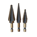 Step Drill Set with 1/4in Quick Change Hex Shank (Includes STE-1HEX, STE-2HEX, STE-3HEX) Black and Gold, HSS (High Speed Steel)