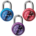 Carded 3-Pack Mini Metallic Combination Padlock, Assorted Colors (1 Each of Blue, Red, Purple), Combo Alike, 1-9/16in (40mm) Wide Combination Dial, Non-Resettable Combination