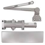 Heavy Duty Surface Door Closer, Heavy Duty Arm with Parallel Arm Bracket, Full Plastic Cover, Cast Aluminum, Adjustable Sizes 1-6, Double Heat-Treated Pinion, Through Bolt, Wood and Machine Screws, ADA, UL, Grade 1, 689/SP28 Painted Aluminum