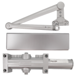 Heavy Duty Surface Door Closer, Spring-N-Stop Arm SS, Full Plastic Cover, Cast Aluminum, Adjustable Sizes 1-6, Double Heat-Treated Pinion, Through Bolt, Wood and Machine Screws, ADA, UL, Grade 1, 689/SP28 Painted Aluminum