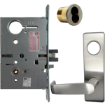 KIT - Electrified Mortise, Field Reversible - Fail Safe and Fail Secure, Newport Lever with M Escutcheon Trim, LFIC 6-Pin Large Format Interchangeable Core Mortise Housing, A01 Clover Cam, Less IC Core, Handing is Field Reversible, ANSI Strike SS118, 626/US26D Satin Chrome