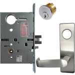 KIT - Electrified Mortise, Field Reversible - Fail Safe and Fail Secure, Newport Lever with M Escutcheon Trim, Standard 1-1/8 Mortise Cylinder, A01 Clover Cam, L4 Keyway 0-Bit, Handing is Field Reversible, ANSI Strike SS118, 626/US26D Satin Chrome