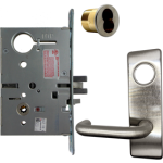 KIT - Electrified Mortise, Field Reversible - Fail Safe and Fail Secure, Lustra Lever with M Escutcheon Trim, LFIC 6-Pin Large Format Interchangeable Core Mortise Housing, A01 Clover Cam, Less IC Core, Handing is Field Reversible, ANSI Strike SS118, 626/US26D Satin Chrome