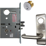 KIT - Electrified Mortise, Field Reversible - Fail Safe and Fail Secure, Lustra Lever with M Escutcheon Trim, Standard 1-1/8 Mortise Cylinder, A01 Clover Cam, L4 Keyway 0-Bit, Handing is Field Reversible, ANSI Strike SS118, 626/US26D Satin Chrome