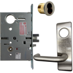 KIT - Electrified Mortise, Field Reversible - Fail Safe and Fail Secure, with Request to Exit Switch, Lustra Lever with M Escutcheon Trim, 6-Pin Large Format Interchangeable Core Mortise Housing, A01 Clover Cam, Less IC Core, Handing is Field Reversible, ANSI Strike SS118, 626/US26D Satin Chrome