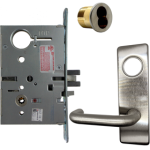 KIT - Electrified Mortise, Field Reversible - Fail Safe and Fail Secure, with Request to Exit Switch, Lustra Lever with M Escutcheon Trim, 6-Pin Large Format Interchangeable Core Mortise Housing, A01 Clover Cam, Less IC Core, Handing is Field Reversible, ANSI Strike SS118, 626/US26D Satin Chrome