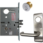 KIT - Electrified Mortise, Field Reversible - Fail Safe and Fail Secure, with Request to Exit Switch, Lustra Lever with M Escutcheon Trim, Standard 1-1/8 Mortise Cylinder, A01 Clover Cam, L4 Keyway 0-Bit, Handing is Field Reversible, ANSI Strike SS118, 626/US26D Satin Chrome