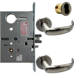 KIT - Electrified Mortise, Field Reversible - Fail Safe and Fail Secure, with Request to Exit Switch, Princeton Lever with A Rose Trim, 6-Pin Large Format Interchangeable Core Mortise Housing, A01 Clover Cam, Less IC Core, Handing is Field Reversible, ANSI Strike SS118, 626/US26D Satin Chrome