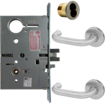 KIT - Electrified Mortise, Field Reversible - Fail Safe and Fail Secure, Lustra Lever with A Rose Trim, LFIC 6-Pin Large Format Interchangeable Core Mortise Housing, A01 Clover Cam, Less IC Core, Handing is Field Reversible, ANSI Strike SS118, 626/US26D Satin Chrome