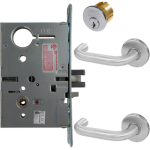 KIT - Electrified Mortise, Field Reversible - Fail Safe and Fail Secure, Lustra Lever with A Rose Trim, Standard 1-1/8 Mortise Cylinder, A01 Clover Cam, L4 Keyway 0-Bit, Handing is Field Reversible, ANSI Strike SS118, 626/US26D Satin Chrome