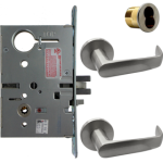KIT - Electrified Mortise, Field Reversible - Fail Safe and Fail Secure, Newport Lever with A Rose Trim, LFIC 6-Pin Large Format Interchangeable Core Mortise Housing, A01 Clover Cam, Less IC Core, Handing is Field Reversible, ANSI Strike SS118, 626/US26D Satin Chrome