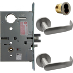 KIT - Electrified Mortise, Field Reversible - Fail Safe and Fail Secure, Newport Lever with A Rose Trim, LFIC 6-Pin Large Format Interchangeable Core Mortise Housing, A01 Clover Cam, Less IC Core, Handing is Field Reversible, ANSI Strike SS118, 626/US26D Satin Chrome