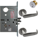 238413_L.png KIT - Electrified Mortise, Field Reversible - Fail Safe and Fail Secure, Newport Lever with A Rose Trim, Standard 1-1/8 Mortise Cylinder, A01 Clover Cam, L4 Keyway 0-Bit, Handing is Field Reversible, ANSI Strike SS118, 626/US26D Satin Chrome