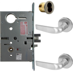KIT - Electrified Mortise, Field Reversible - Fail Safe and Fail Secure, with Request to Exit Switch, Citation Lever with A Rose Trim, 6-Pin Large Format Interchangeable Core Mortise Housing, A01 Clover Cam, Less IC Core, Handing is Field Reversible, ANSI Strike SS118, 626/US26D Satin Chrome