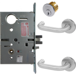 KIT - Electrified Mortise, Field Reversible - Fail Safe and Fail Secure, with Request to Exit Switch, Lustra Lever with A Rose Trim, Standard 1-1/8 Mortise Cylinder, A01 Clover Cam, L4 Keyway 0-Bit, Handing is Field Reversible, ANSI Strike SS118, 626/US26D Satin Chrome