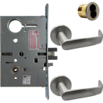 KIT - Electrified Mortise, Field Reversible - Fail Safe and Fail Secure, with Request to Exit Switch, Newport Lever with A Rose Trim, 6-Pin Large Format Interchangeable Core Mortise Housing, A01 Clover Cam, Less IC Core, Handing is Field Reversible, ANSI Strike SS118, 626/US26D Satin Chrome