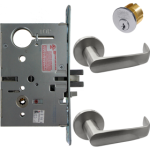 KIT - Electrified Mortise, Field Reversible - Fail Safe and Fail Secure, with Request to Exit Switch, Newport Lever with A Rose Trim, Standard 1-1/8 Mortise Cylinder, A01 Clover Cam, L4 Keyway 0-Bit, Handing is Field Reversible, ANSI Strike SS118, 626/US26D Satin Chrome