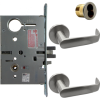 KIT - Electrified Mortise, Field Reversible - Fail Safe and Fail Secure, with Request to Exit Switch, Newport Lever with A Rose Trim, 6-Pin Large Format Interchangeable Core Mortise Housing, A01 Clover Cam, Less IC Core, Handing is Field Reversible, ANSI Strike SS118, 626/US26D Satin Chrome