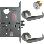 KIT - Electrified Mortise, Field Reversible - Fail Safe and Fail Secure, with Request to Exit Switch, Newport Lever with A Rose Trim, Standard 1-1/8 Mortise Cylinder, A01 Clover Cam, L4 Keyway 0-Bit, Handing is Field Reversible, ANSI Strike SS118, 626/US26D Satin Chrome