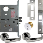 KIT - Electrified Mortise, Field Reversible - Fail Safe and Fail Secure, Newport Lever with A Rose Trim, Standard 1-1/8 Mortise Cylinder, A01 Clover Cam, L4 Keyway 0-Bit, Handing is Field Reversible, ANSI Strike SS118, 625/US26 Bright Chrome