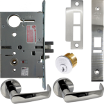 239516_L.png KIT - Electrified Mortise, Field Reversible - Fail Safe and Fail Secure, Newport Lever with A Rose Trim, Standard 1-1/8 Mortise Cylinder, A01 Clover Cam, L4 Keyway 0-Bit, Handing is Field Reversible, ANSI Strike SS118, 625/US26 Bright Chrome