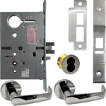 KIT - Electrified Mortise, Field Reversible - Fail Safe and Fail Secure, with Request to Exit Switch, Newport Lever with A Rose Trim, 6-Pin Large Format Interchangeable Core Mortise Housing, A01 Clover Cam, Less IC Core, Handing is Field Reversible, ANSI Strike SS118, 625/US26 Bright Chrome