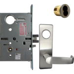 239537_L.png KIT - Electrified Mortise, Field Reversible - Fail Safe and Fail Secure, with Request to Exit Switch, Newport Lever with M Escutcheon Trim, 6-Pin Large Format Interchangeable Core Mortise Housing, A01 Clover Cam, Less IC Core, Handing is Field Reversible, ANSI Strike SS118, 626/US26D Satin Chrome