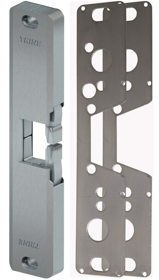 Electric Strike for Rim Exits, Fire Rated, 12-24VAC/DC, Field Selectable FS or FSE, 3/4in Thick Plus 2 Each 1/16in Spacers, 9in x 1-3/4in, Satin Stainless