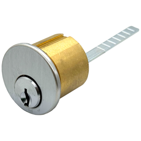 Rim Cylinder 1-1/8in, 5-Pin, Drilled 6, Arrow Keyway, Keyed Alike in Pairs, 626/US26D Satin Chrome Rim Cylinder 1-1/8in, 5-Pin, Drilled 6, Arrow Keyway, Keyed Alike in Pairs, 626/US26D Satin Chrome