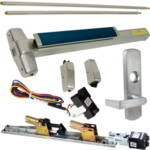 KIT - Fire-Rated, RX Request to Exit, QEL Quiet Electric Latch Retraction, CON Molex Connectors 24VDC, Heavy Duty Grooved SVR Surface Vertical Rod Exit Device, 996L-NL-06 Night Latch Lever Trim (Rim Cylinder Required), Key Retracts Latch Bolt, LHR Left Hand Reverse/Reversible Handing (Snap Ring Tool Required), 48in x 84in, No Dogging, Grade 1, 99 Series, 626/US26D Satin Chrome