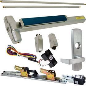KIT - Fire-Rated, RX Request to Exit, QEL Quiet Electric Latch Retraction, CON Molex Connectors 24VDC, Heavy Duty Grooved SVR Surface Vertical Rod Exit Device, 996L-06 Lever Trim (Rim Cylinder Required), Key Locks/Unlocks Trim, LHR Left Hand Reverse/Reversible Handing (Snap Ring Tool Required), 48in x 84in, No Dogging, Grade 1, 99 Series, 626/US26D Satin Chrome