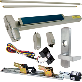 KIT - Fire-Rated, RX Request to Exit, QEL Quiet Electric Latch Retraction, CON Molex Connectors 24VDC, Heavy Duty Grooved SVR Surface Vertical Rod Exit Device, 996L-06 Lever Trim (Rim Cylinder Required), Key Locks/Unlocks Trim, RHR Right Hand Reverse/Reversible Handing (Snap Ring Tool Required), 48in x 84in, No Dogging, Grade 1, 99 Series, 626/US26D Satin Chrome