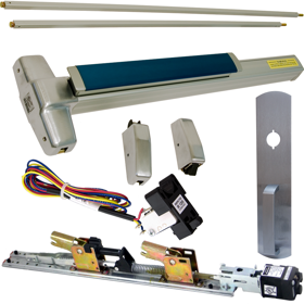 KIT - Fire-Rated, RX Request to Exit, QEL Quiet Electric Latch Retraction, CON Molex Connectors 24VDC, Heavy Duty Grooved SVR Surface Vertical Rod Exit Device, 990NL Night Latch Trim (Rim Cylinder Required), Key Retracts Latch Bolt, 48in x 84in, No Dogging, Grade 1, 99 Series, 626/US26D Satin Chrome