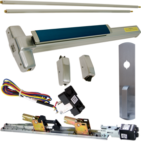 KIT - RX Request to Exit, QEL Quiet Electric Latch Retraction, CON Molex Connectors 24VDC, Heavy Duty Grooved SVR Surface Vertical Rod Exit Device, 990NL Night Latch Trim (Rim Cylinder Required), Key Retracts Latch Bolt, 48in x 84in, No Dogging, Grade 1, 99 Series, 626/US26D Satin Chrome