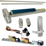 KIT - Fire-Rated, RX Request to Exit, QEL Quiet Electric Latch Retraction, CON Molex Connectors 24VDC, Heavy Duty Grooved SVR Surface Vertical Rod Exit Device, 996L-DT-06 Dummy Lever Trim, Latch Retraction Activates Pull, LHR Left Hand Reverse/Reversible Handing (Snap Ring Tool Required), 48in x 84in, No Dogging, Grade 1, 99 Series, 626/US26D Satin Chrome