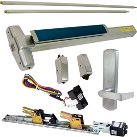 KIT - Fire-Rated, RX Request to Exit, QEL Quiet Electric Latch Retraction, CON Molex Connectors 24VDC, Heavy Duty Grooved SVR Surface Vertical Rod Exit Device, 996L-DT-06 Dummy Lever Trim, Latch Retraction Activates Pull, RHR Right Hand Reverse/Reversible Handing (Snap Ring Tool Required), 48in x 84in, No Dogging, Grade 1, 99 Series, 626/US26D Satin Chrome