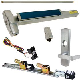 KIT - RX Request to Exit, QEL Quiet Electric Latch Retraction, CON Molex Connectors 24VDC, Heavy Duty Grooved SVR Surface Vertical Rod Exit Device, 996L-NL-06 Night Latch Lever Trim (Rim Cylinder Required), Key Retracts Latch Bolt, RHR Right Hand Reverse/Reversible Handing (Snap Ring Tool Required), 48in x 84in, LBR Less Bottom Rods, No Dogging, Grade 1, 99 Series, 626/US26D Satin Chrome